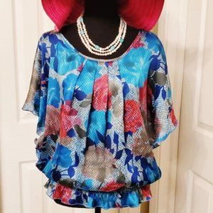 NY Collection Multicolor Floral Blousson Blouse sz L BEAUTIFUL TOP